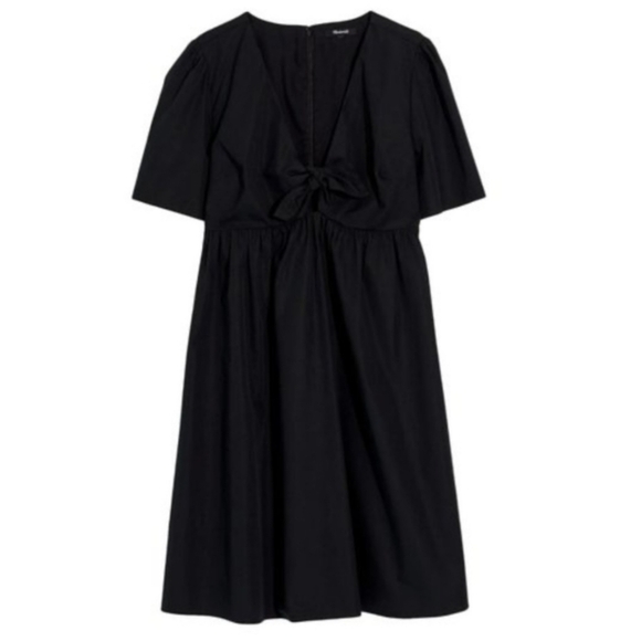 Madewell Black Tie-Front Mini Dress Size 12 NWT Cotton Empire Waist V-Neck - Picture 2 of 13